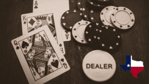 Casino chips and playing cards with Texas state flag
